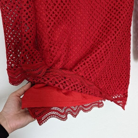 Women's Aqua Eyelet Mini Dress Red Bell Sleeve Geometric Lace Small Mock Neck - Picture 4 of 11